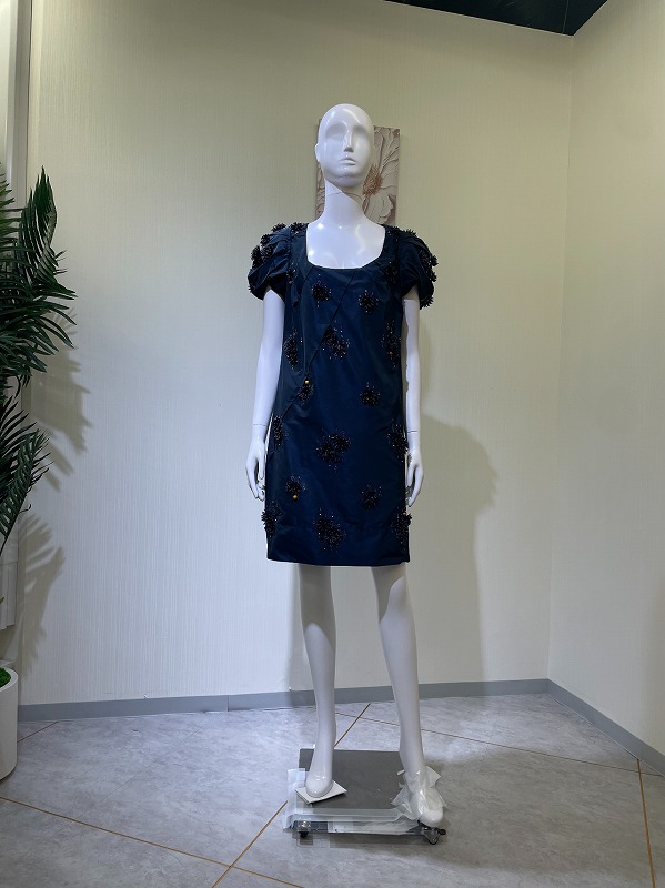 【レンタルドレス 4617】立体フラワーモチーフビーズパフスリーブミニドレス ネイビー【AQUILANO RIMONDI】